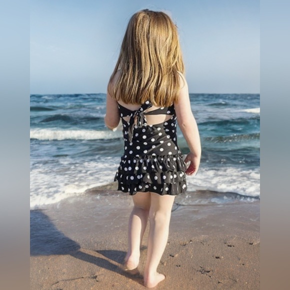 NWT Girls Kids Adjustable Swimsuits Black White Polka Dot Size 10 - Picture 10 of 12